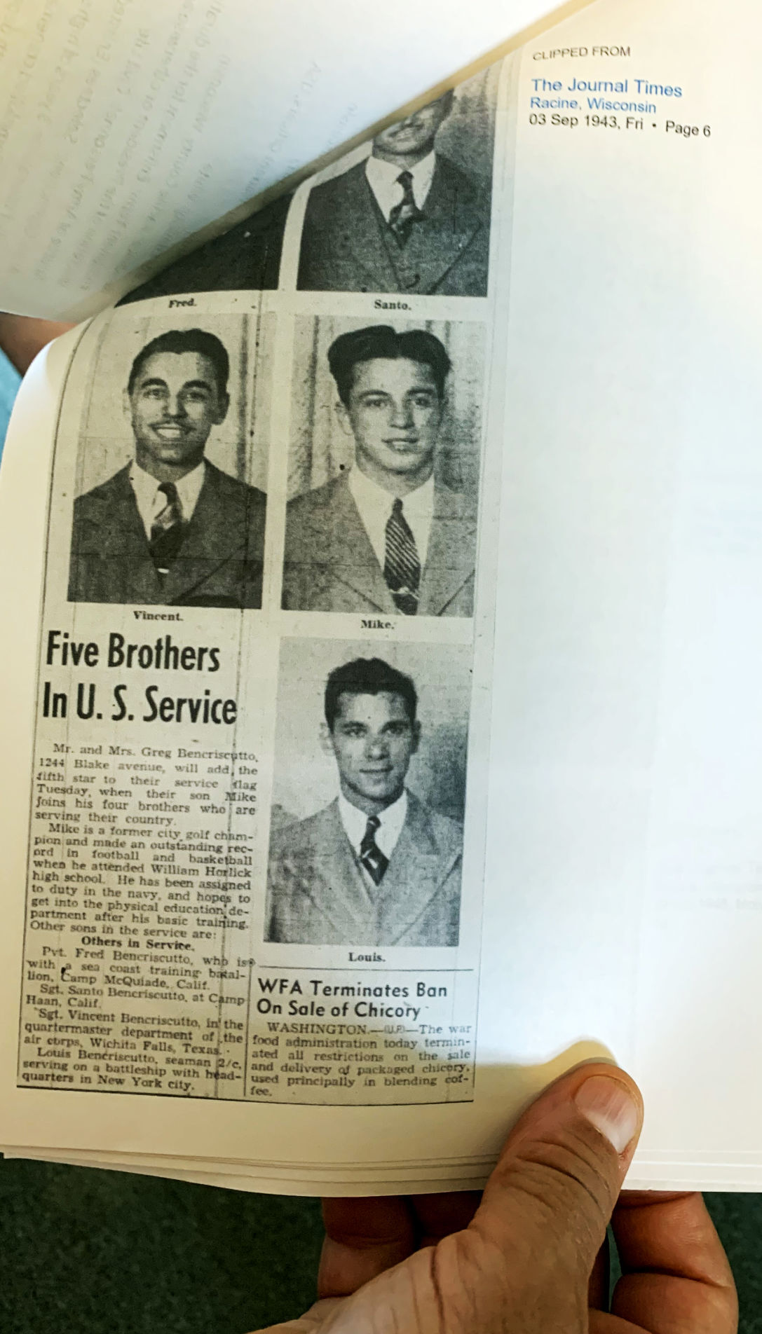 Mount Pleasant Man Who May Be Wisconsin's Oldest World War II Vet, Dies At 106 A Journal Times newspaper clipping of a story about how the five Bencriscuto brothers served during World War II